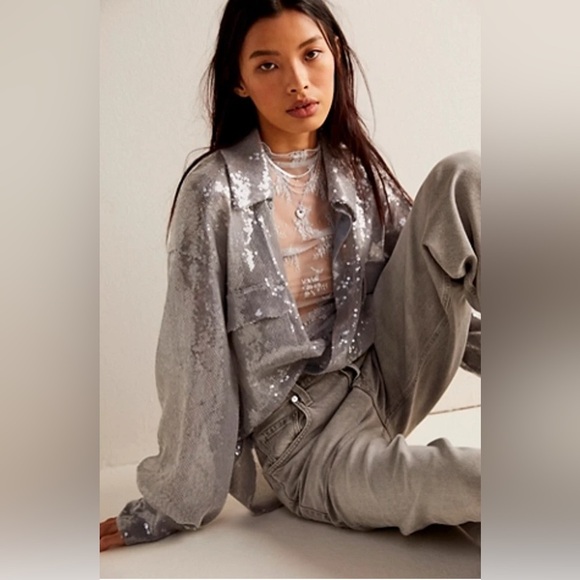 Free People “Disco Margarita” Sequin Button-Down Shirt – Silver – Size Small - Picture 3 of 16